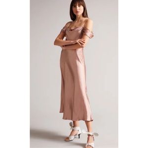 WORN ONCE TED BAKER ESTA COWL OFF SHOULDER MIDI SATIN DRESS SZ US 6 OR TED SZ 2